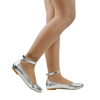 Metallic Silver - Lifestyle - XY London Womens-Ladies Kimmie Ankle Strap Ballerina Flats