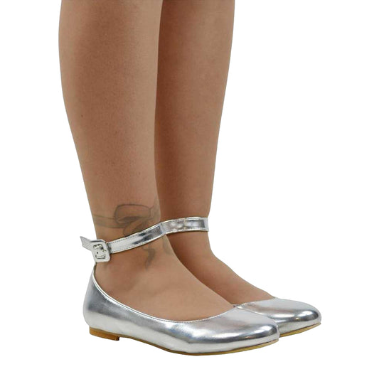 Metallic Silver - Front - XY London Womens-Ladies Kimmie Ankle Strap Ballerina Flats