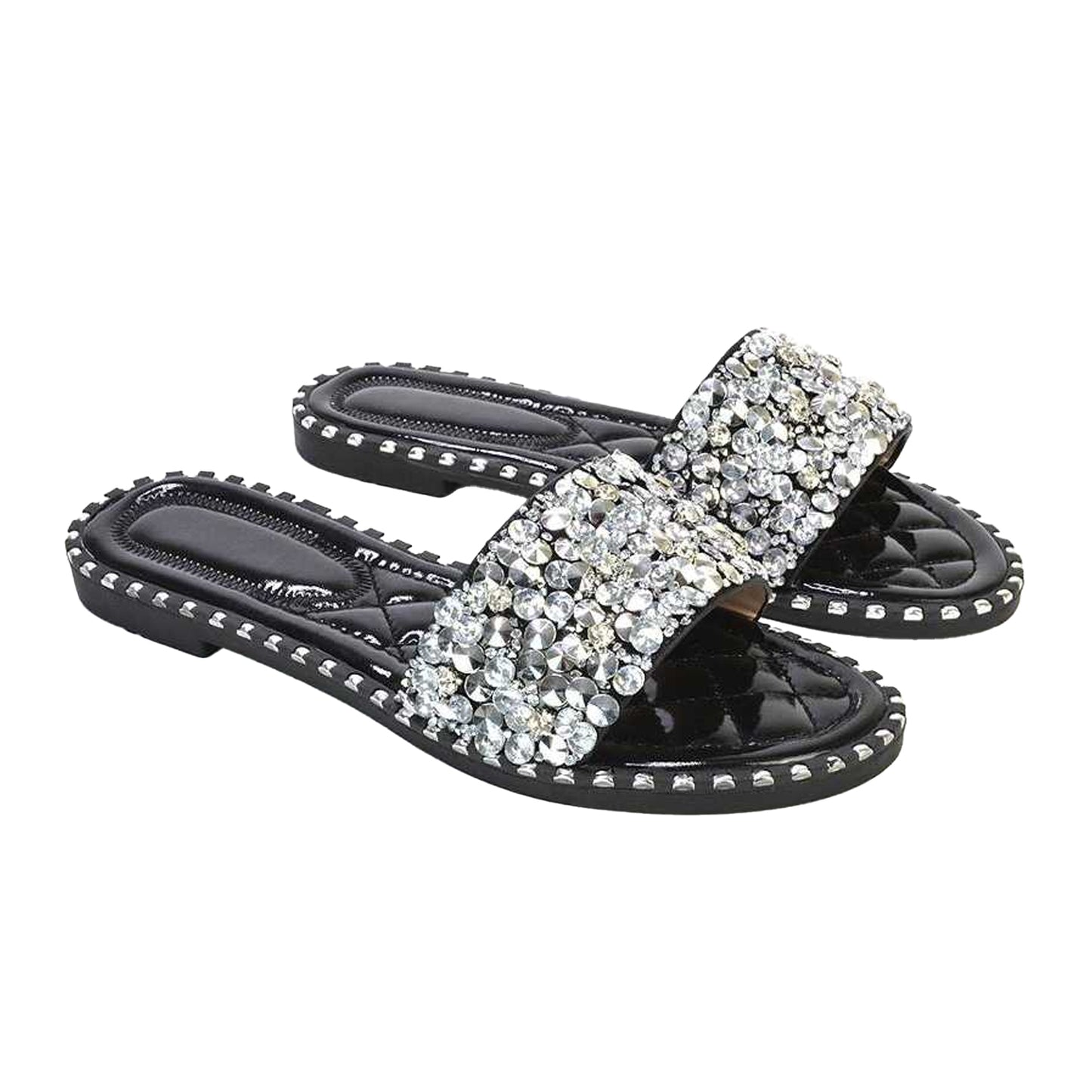 Black - Side - XY London Womens-Ladies Khaleesi Diamante Flat Sandals