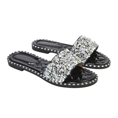 Black - Side - XY London Womens-Ladies Khaleesi Diamante Flat Sandals