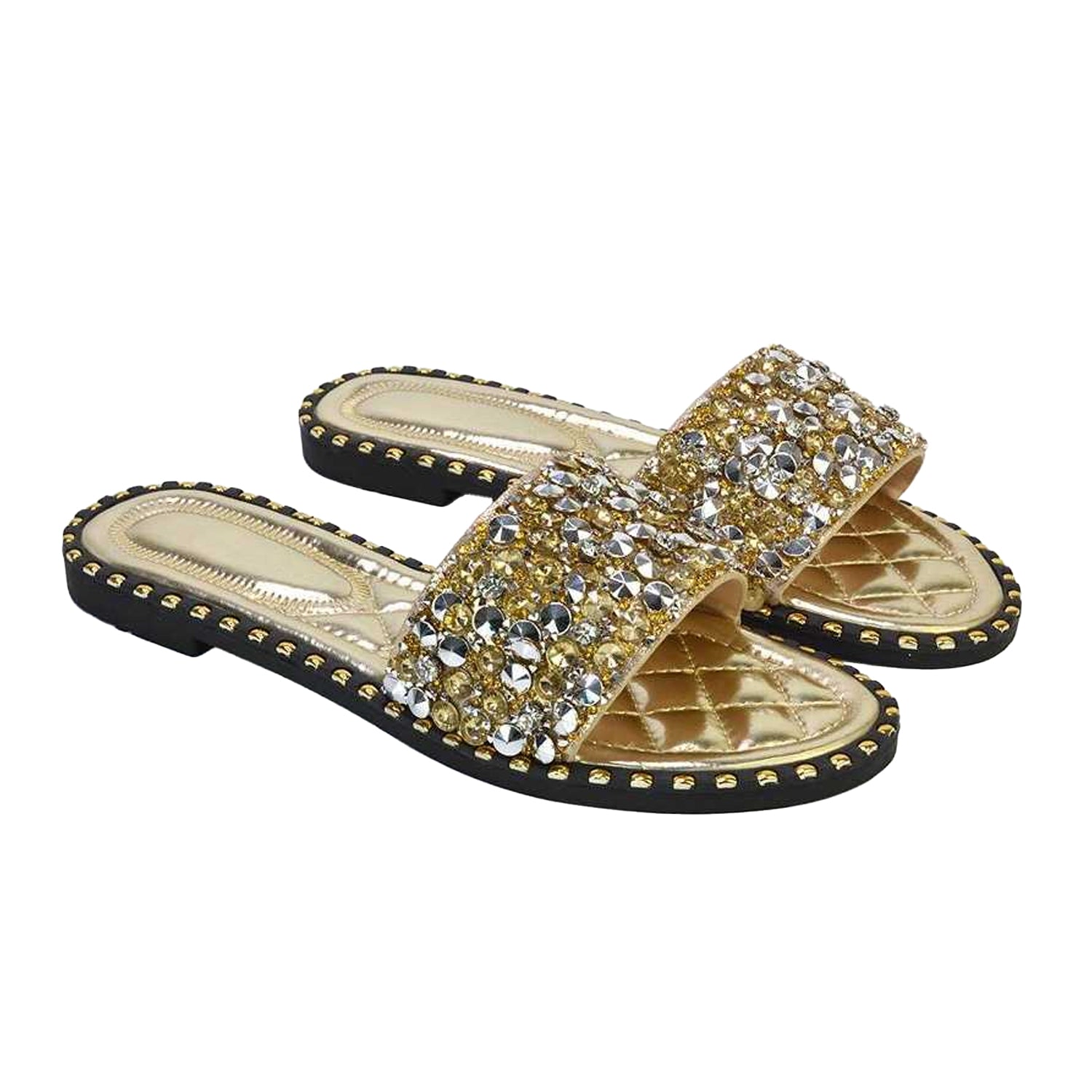 Gold - Side - XY London Womens-Ladies Khaleesi Diamante Flat Sandals