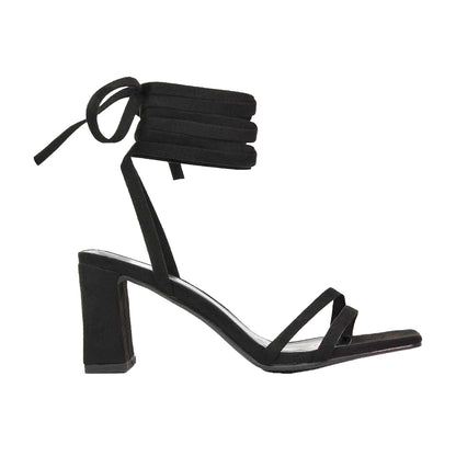 Black - Side - XY London Womens-Ladies Tanyel Strappy Lace Up Mid Block Heel Sandals