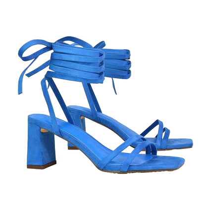 Blue - Front - XY London Womens-Ladies Tanyel Strappy Lace Up Mid Block Heel Sandals