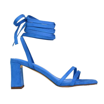 Blue - Side - XY London Womens-Ladies Tanyel Strappy Lace Up Mid Block Heel Sandals
