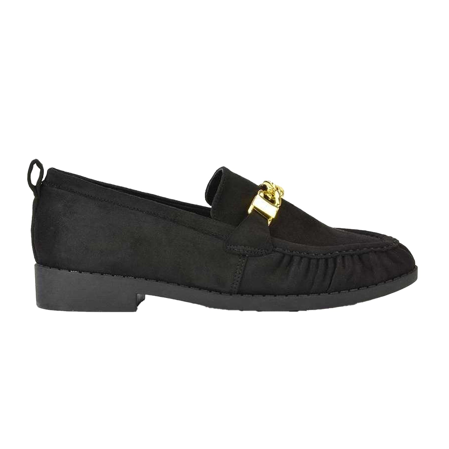 Jet Black - Side - XY London Womens-Ladies Heidi Chain Detail Ruched Loafers
