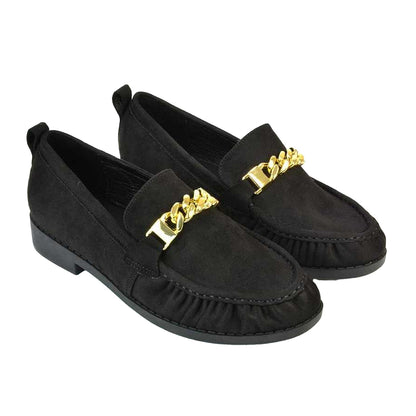 Jet Black - Pack Shot - XY London Womens-Ladies Heidi Chain Detail Ruched Loafers