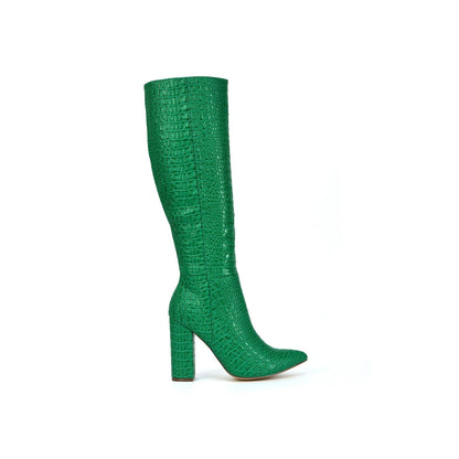 Green - Front - XY London Womens-Ladies Rhode Crocodile Print High Block Heel Knee-High Boots