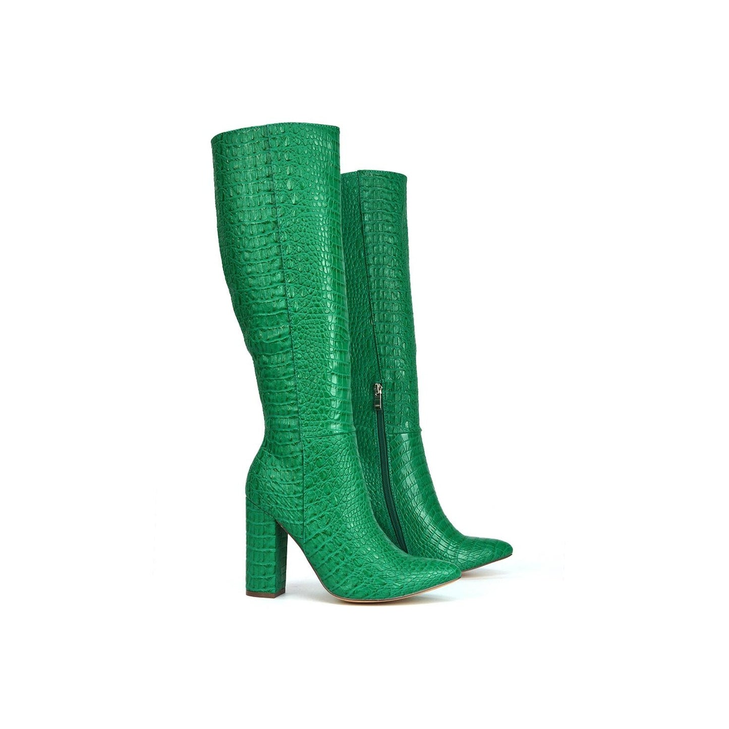 Green - Back - XY London Womens-Ladies Rhode Crocodile Print High Block Heel Knee-High Boots