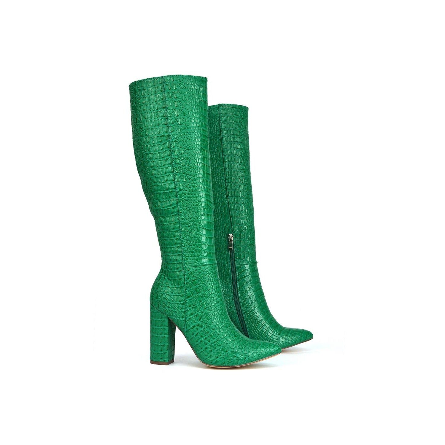 Green - Back - XY London Womens-Ladies Rhode Crocodile Print High Block Heel Knee-High Boots