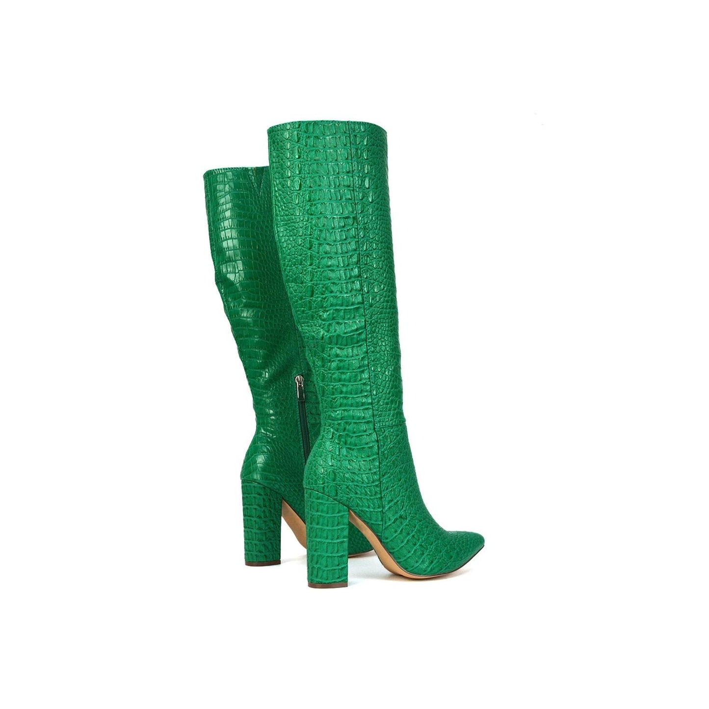 Green - Side - XY London Womens-Ladies Rhode Crocodile Print High Block Heel Knee-High Boots