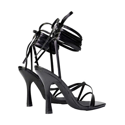 Black - Back - XY London Womens-Ladies Kyra Square Toe Lace Up High Stiletto Heel Sandals