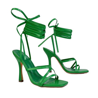 Green - Lifestyle - XY London Womens-Ladies Kyra Square Toe Lace Up High Stiletto Heel Sandals