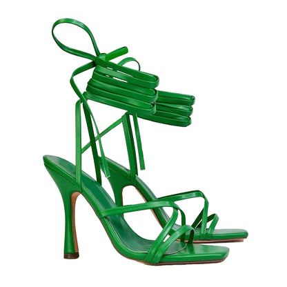 Green - Front - XY London Womens-Ladies Kyra Square Toe Lace Up High Stiletto Heel Sandals