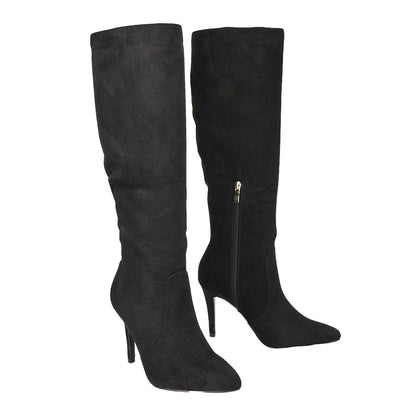 Jet Black - Pack Shot - XY London Womens-Ladies Savvy Pointed High Stiletto Heel Knee-High Boots