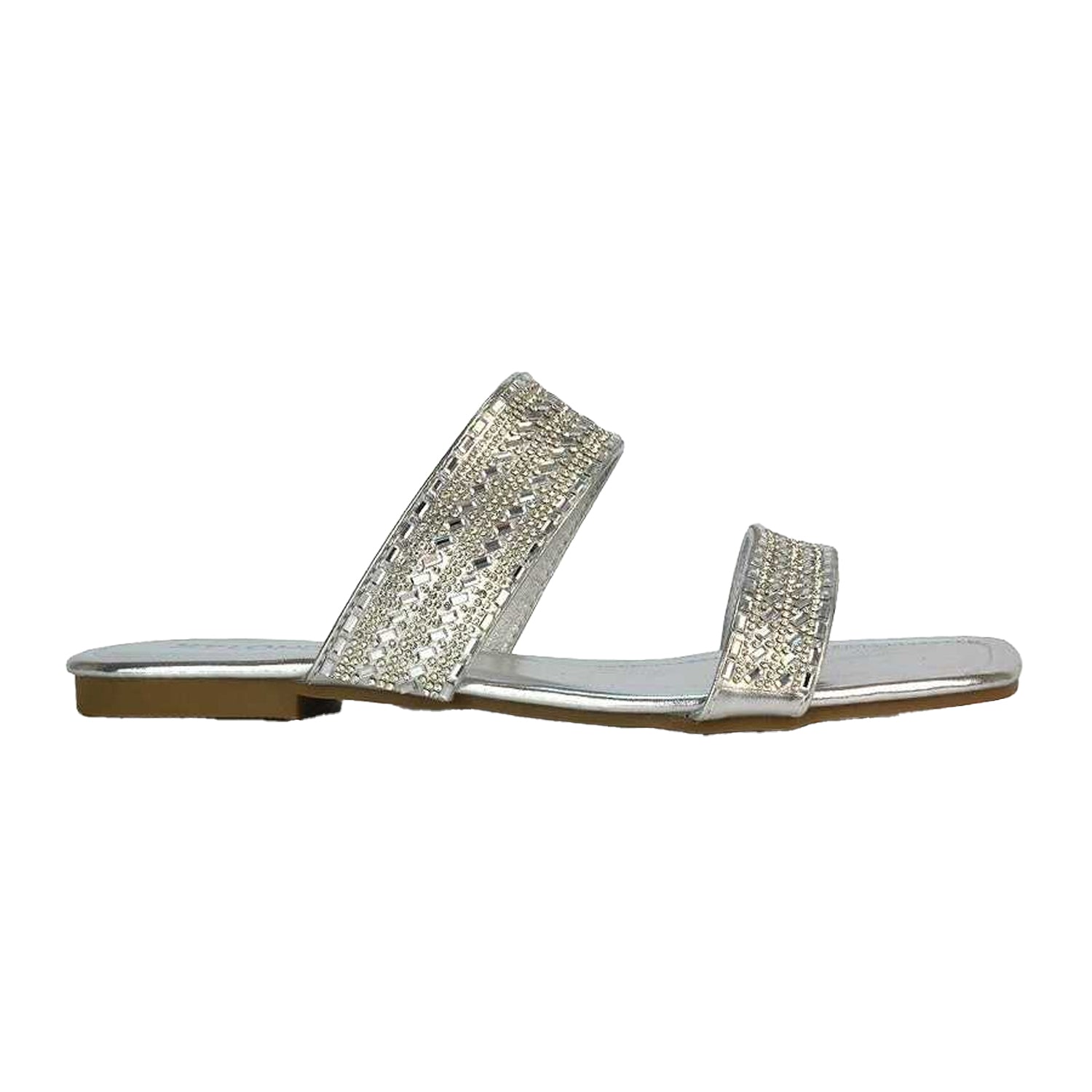 Metallic Silver - Back - XY London Womens-Ladies Lucy Patent Rhinestone Flat Mule Sandals