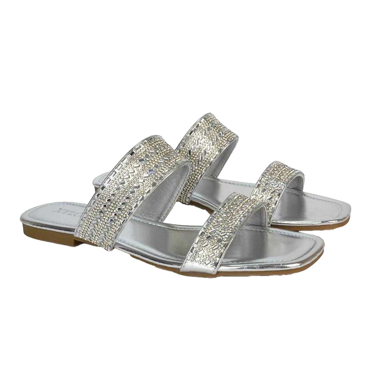 Metallic Silver - Side - XY London Womens-Ladies Lucy Patent Rhinestone Flat Mule Sandals