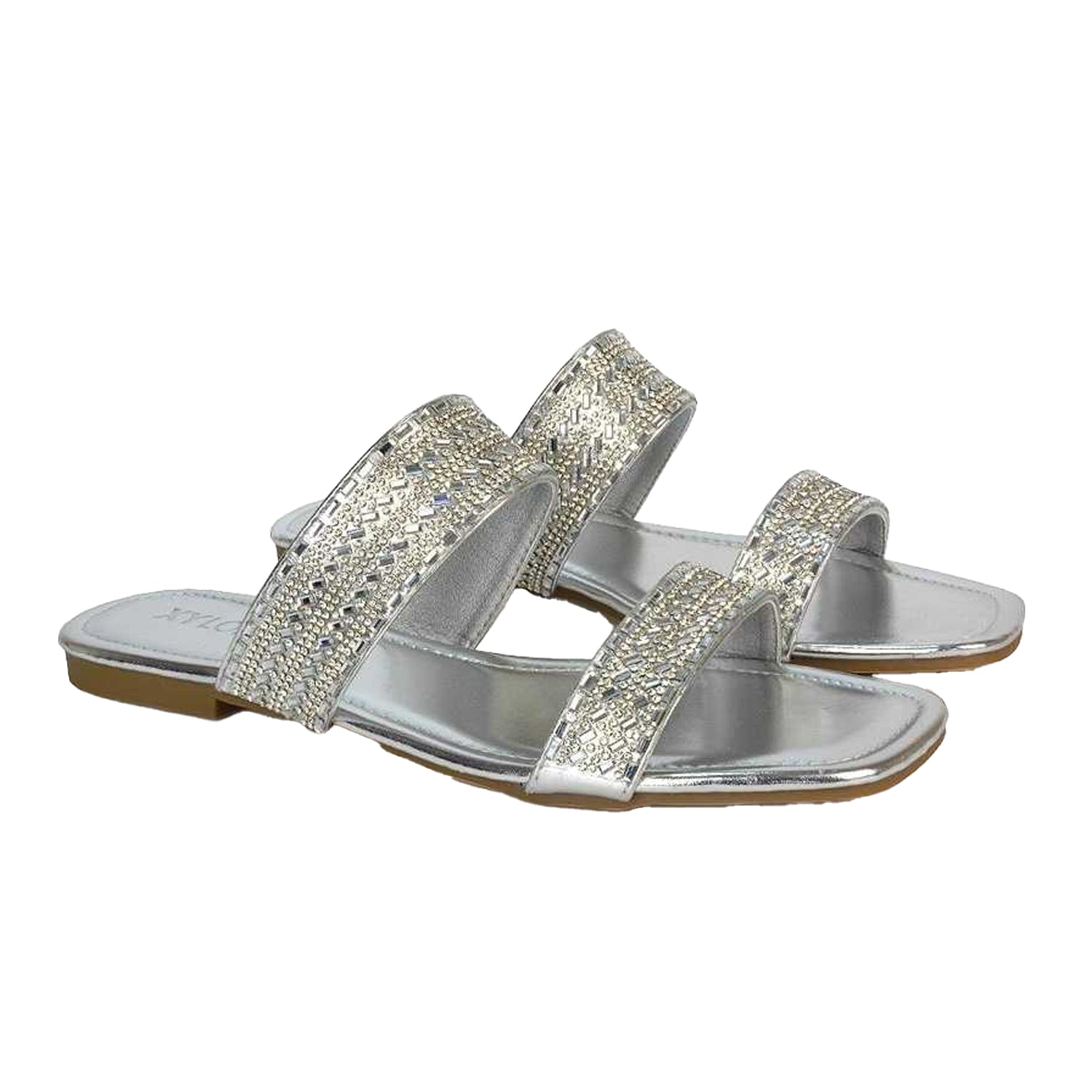 Metallic Silver - Side - XY London Womens-Ladies Lucy Patent Rhinestone Flat Mule Sandals