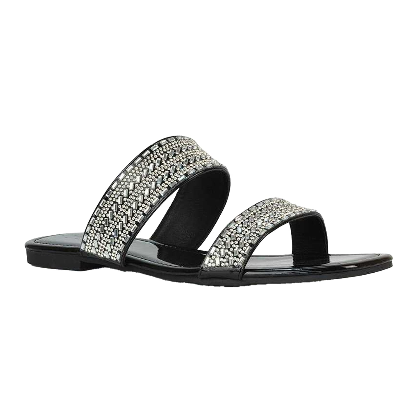 True Black - Front - XY London Womens-Ladies Lucy Patent Rhinestone Flat Mule Sandals