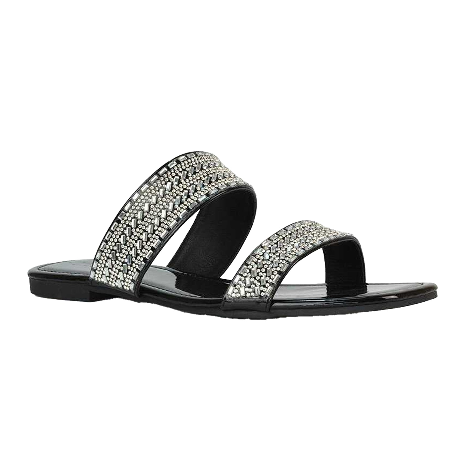 True Black - Front - XY London Womens-Ladies Lucy Patent Rhinestone Flat Mule Sandals