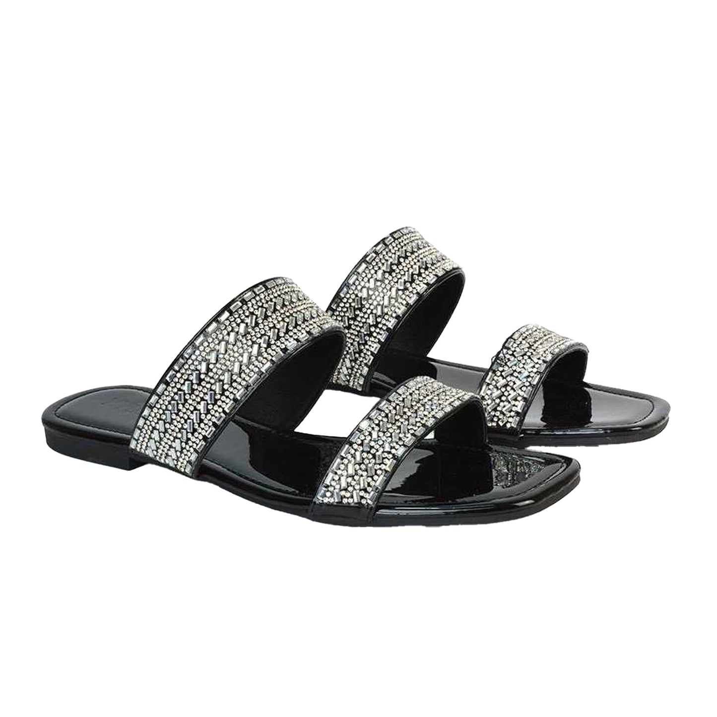 True Black - Side - XY London Womens-Ladies Lucy Patent Rhinestone Flat Mule Sandals