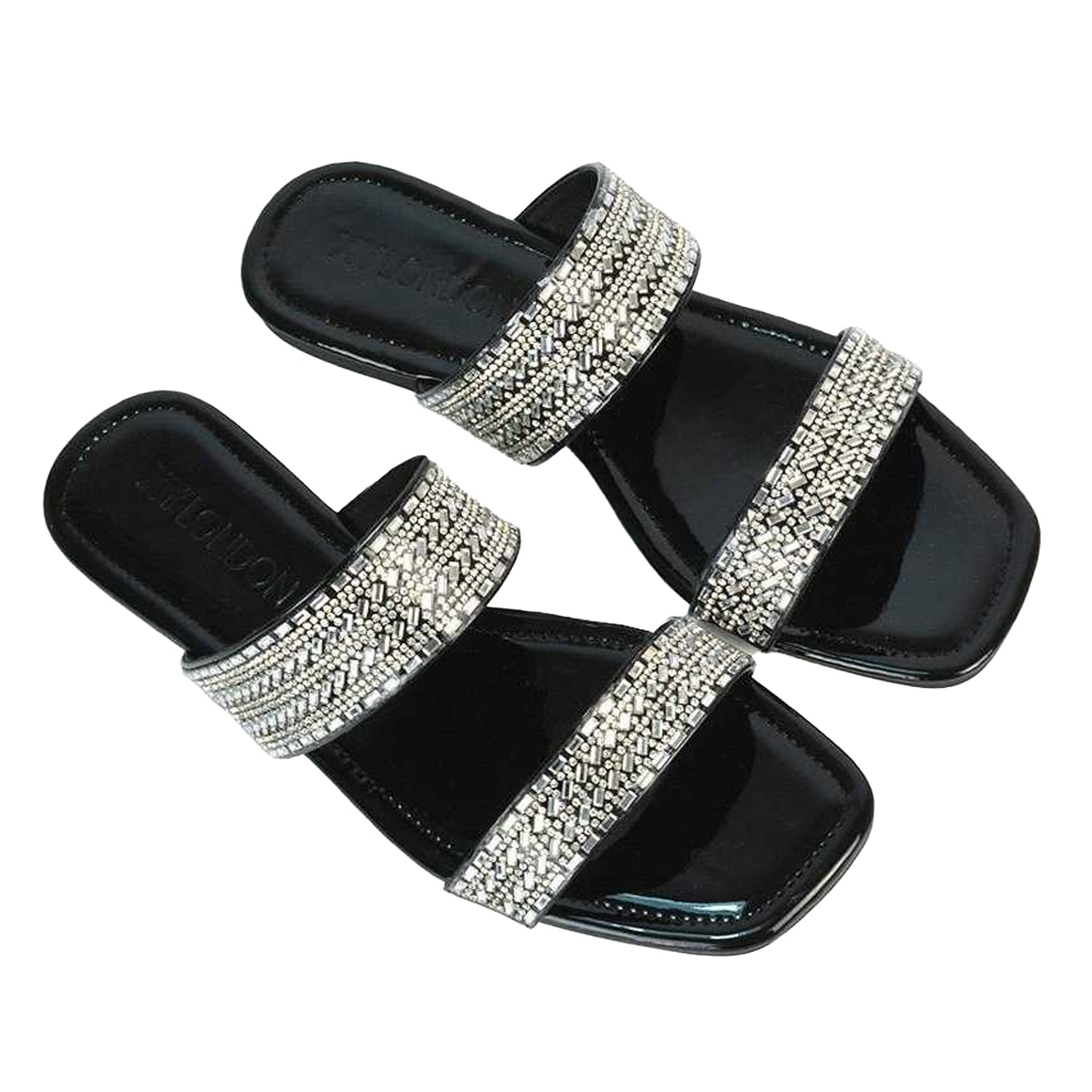 True Black - Lifestyle - XY London Womens-Ladies Lucy Patent Rhinestone Flat Mule Sandals
