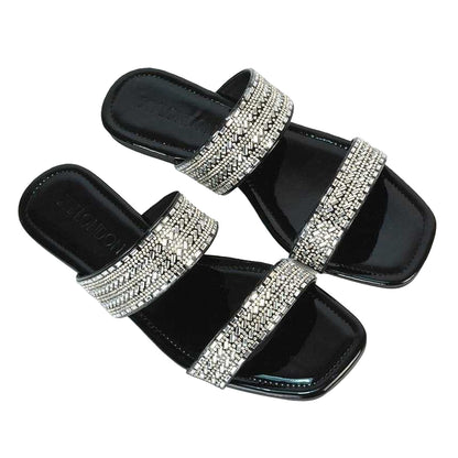 True Black - Lifestyle - XY London Womens-Ladies Lucy Patent Rhinestone Flat Mule Sandals
