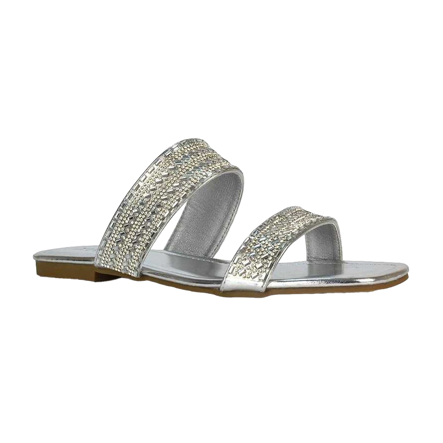 Metallic Silver - Front - XY London Womens-Ladies Lucy Patent Rhinestone Flat Mule Sandals
