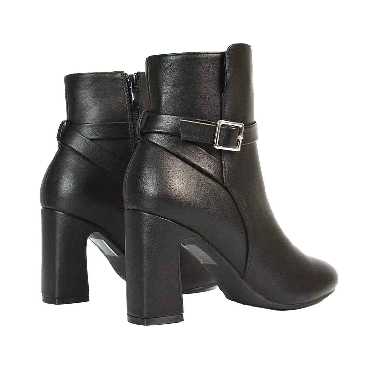 Black - Back - XY London Womens-Ladies Mary Buckle Mid High Block Ankle Boots