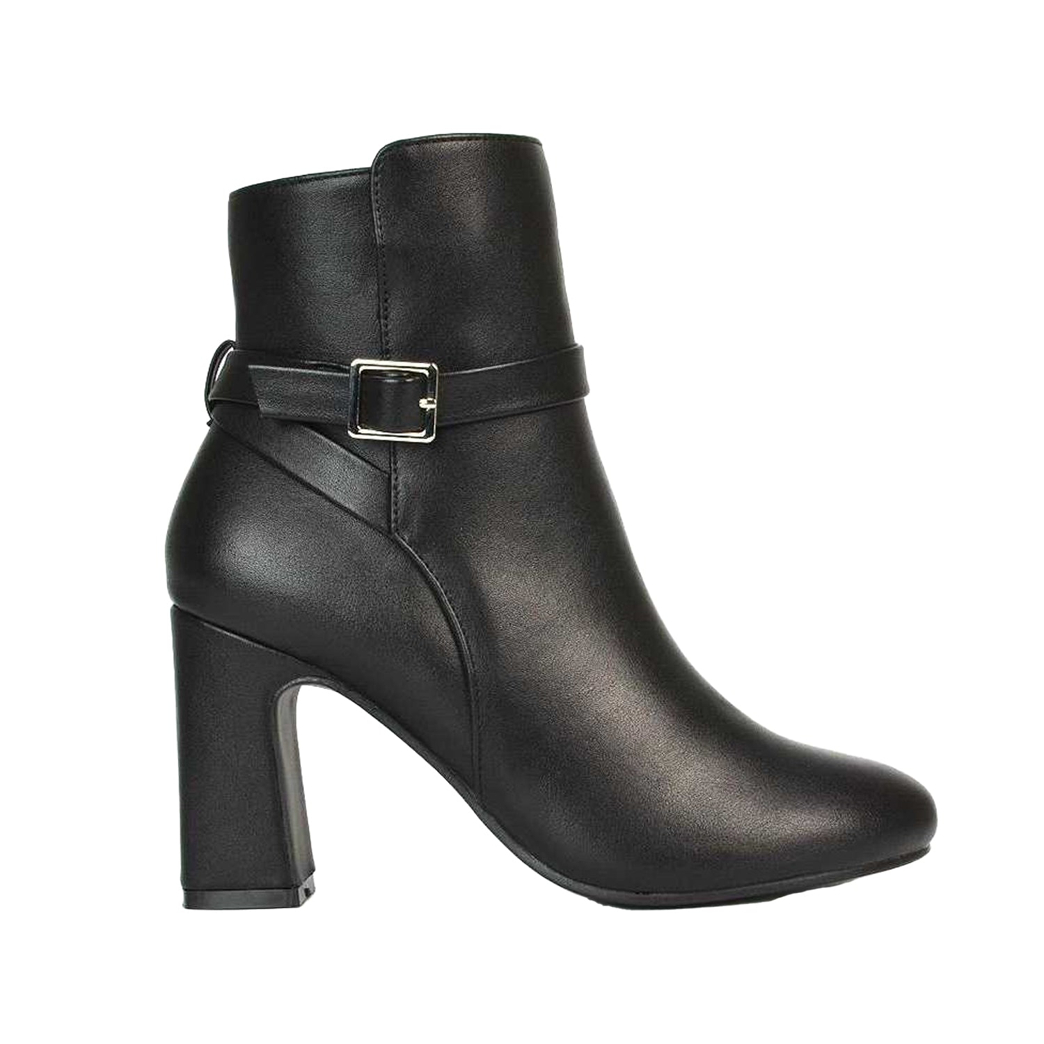 Black - Side - XY London Womens-Ladies Mary Buckle Mid High Block Ankle Boots