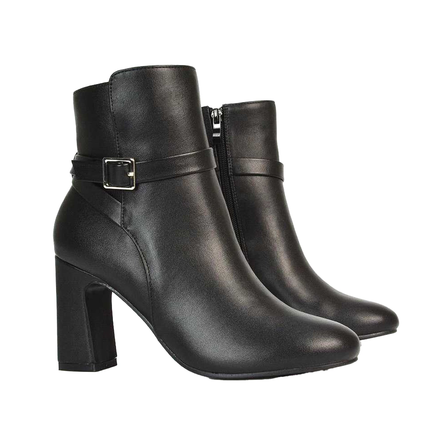 Black - Pack Shot - XY London Womens-Ladies Mary Buckle Mid High Block Ankle Boots