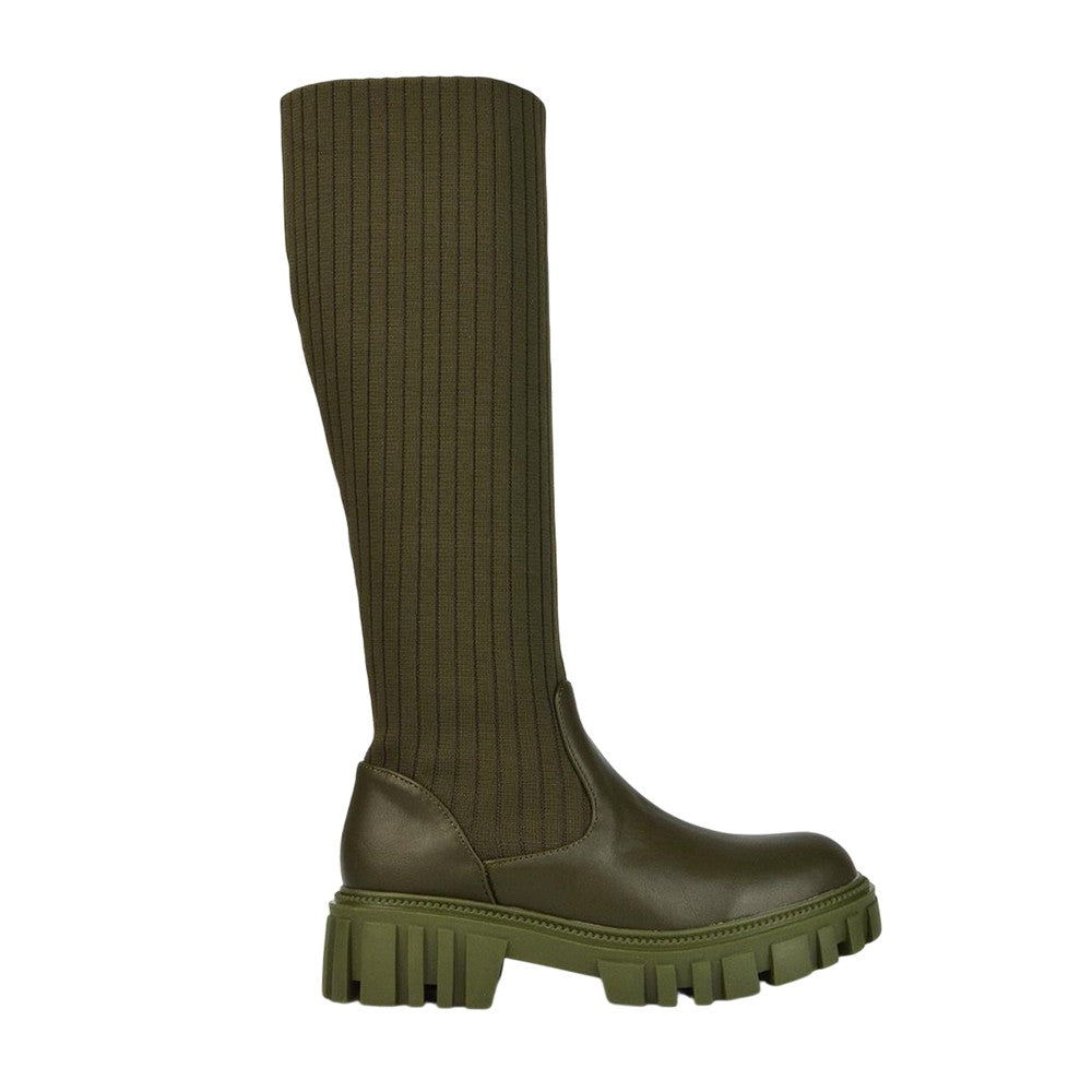 Khaki - Side - XY London Womens-Ladies Kristen Chunky Knitted Sock Knee-High Boots