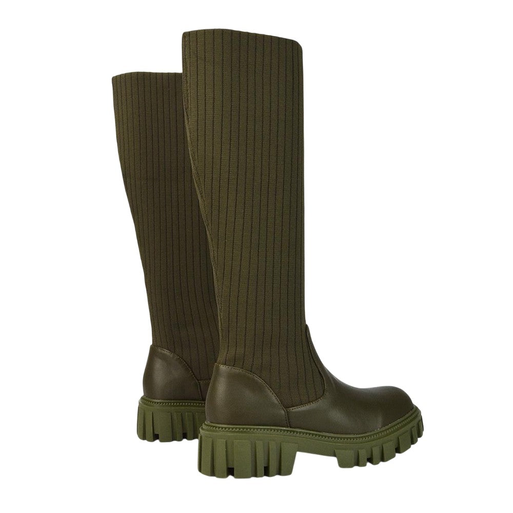 Khaki - Back - XY London Womens-Ladies Kristen Chunky Knitted Sock Knee-High Boots