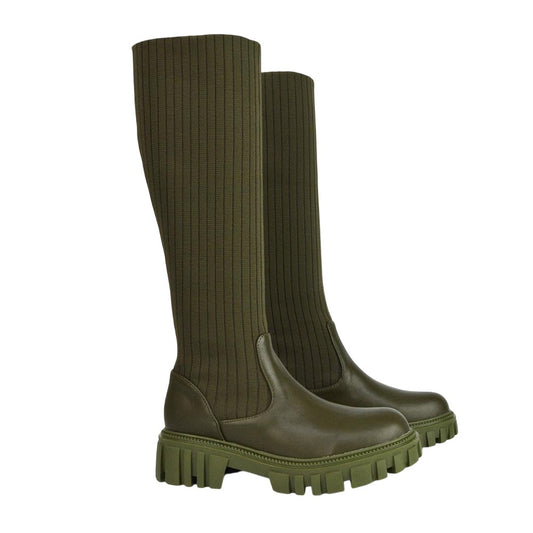 Khaki - Front - XY London Womens-Ladies Kristen Chunky Knitted Sock Knee-High Boots