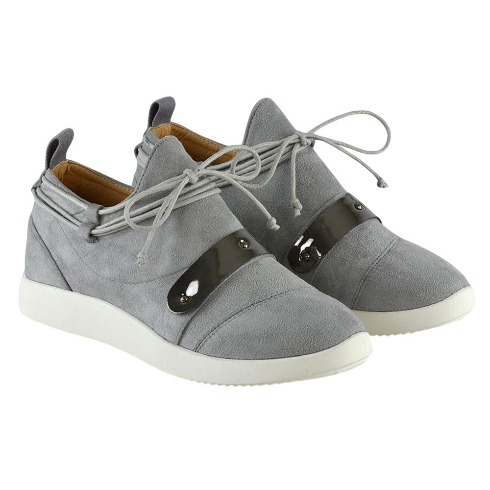 Grey - Front - XY London Womens-Ladies Evanescence Metallic Detail Lace Up Flat Trainers