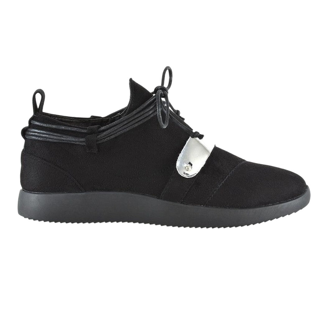 Jet Black - Side - XY London Womens-Ladies Evanescence Metallic Detail Lace Up Flat Trainers