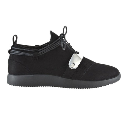 Jet Black - Side - XY London Womens-Ladies Evanescence Metallic Detail Lace Up Flat Trainers