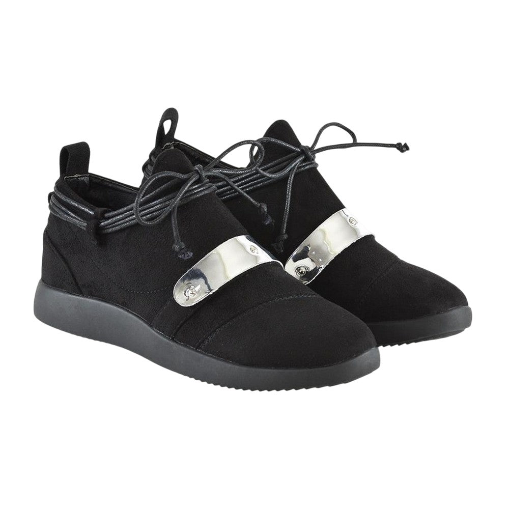 Jet Black - Front - XY London Womens-Ladies Evanescence Metallic Detail Lace Up Flat Trainers