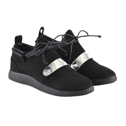 Jet Black - Front - XY London Womens-Ladies Evanescence Metallic Detail Lace Up Flat Trainers