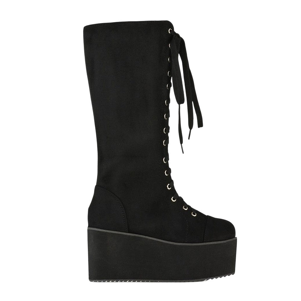 Jet Black - Back - XY London Womens-Ladies Liz Calf-Length Lace Up High Flatform Biker Boots