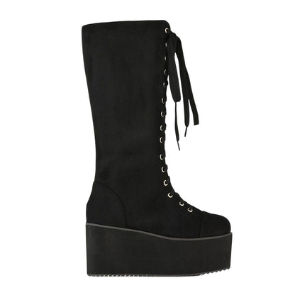 Jet Black - Back - XY London Womens-Ladies Liz Calf-Length Lace Up High Flatform Biker Boots