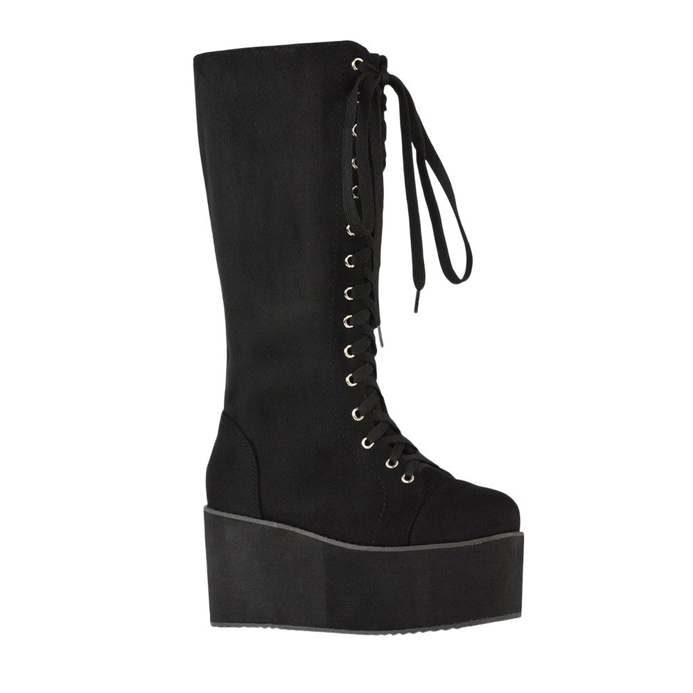 Jet Black - Side - XY London Womens-Ladies Liz Calf-Length Lace Up High Flatform Biker Boots