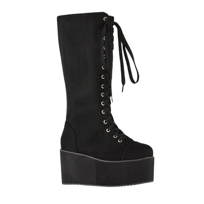 Jet Black - Side - XY London Womens-Ladies Liz Calf-Length Lace Up High Flatform Biker Boots