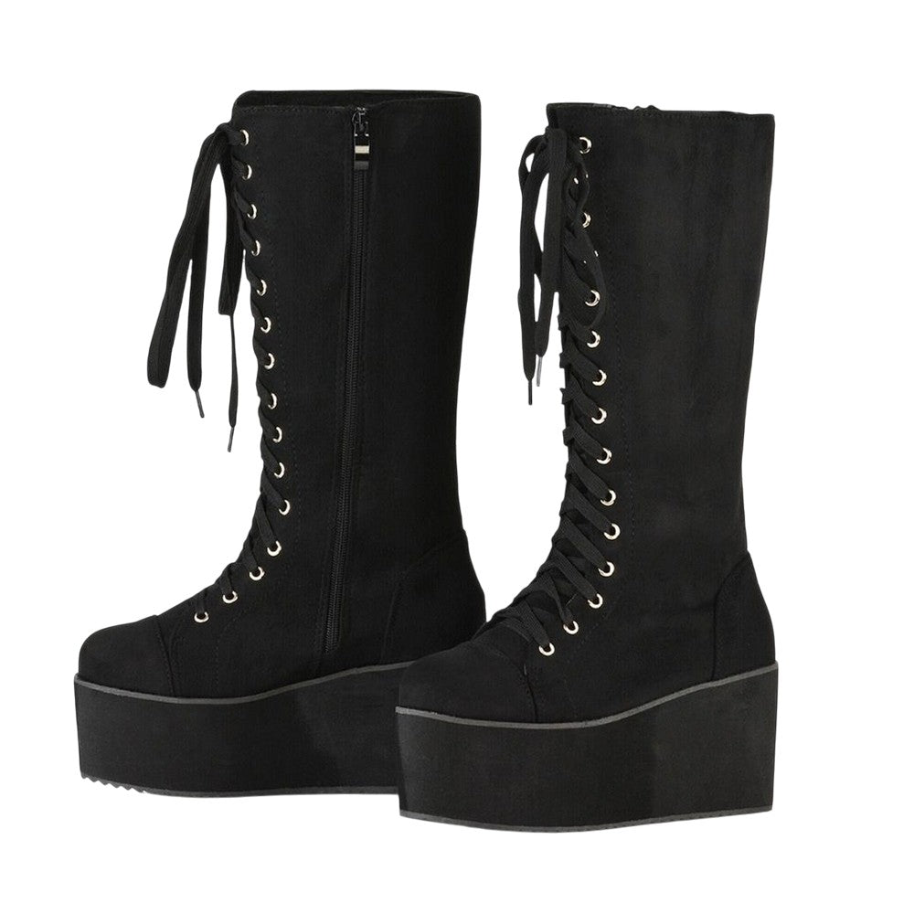 Jet Black - Lifestyle - XY London Womens-Ladies Liz Calf-Length Lace Up High Flatform Biker Boots