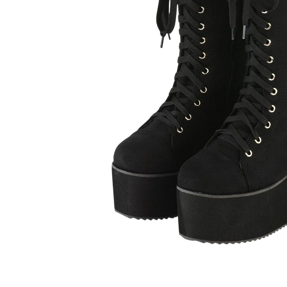 Jet Black - Pack Shot - XY London Womens-Ladies Liz Calf-Length Lace Up High Flatform Biker Boots