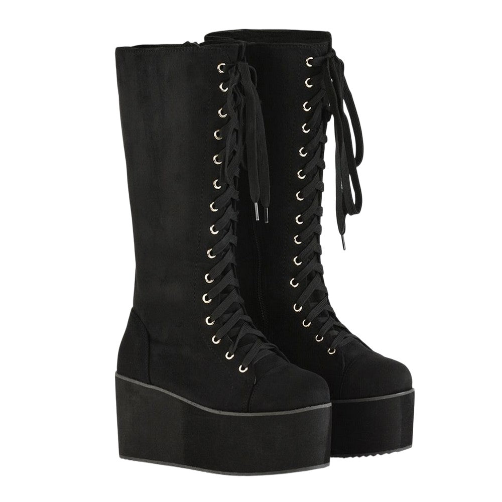 Jet Black - Front - XY London Womens-Ladies Liz Calf-Length Lace Up High Flatform Biker Boots