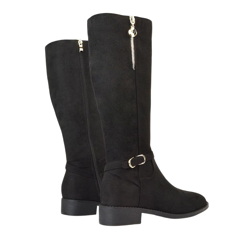 Jet Black - Back - XY London Womens-Ladies Georgina Zip Knee-High Low Heel Biker Boots