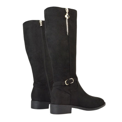 Jet Black - Back - XY London Womens-Ladies Georgina Zip Knee-High Low Heel Biker Boots
