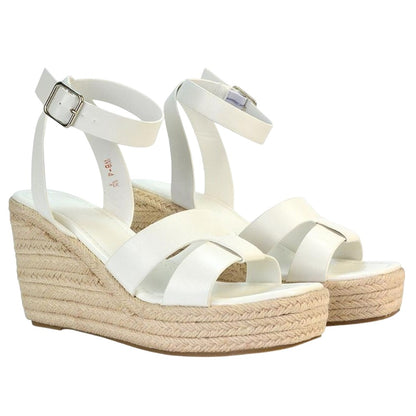 White - Front - XY London Womens-Ladies Kala Ankle Strap Platform Wedge Sandals