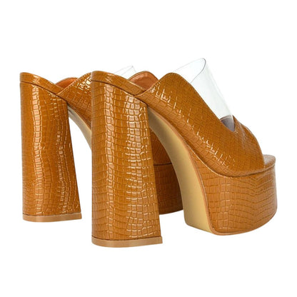 Tan - Back - XY London Womens-Ladies Saorise Patent Perspex Panel High Block Heel Mules