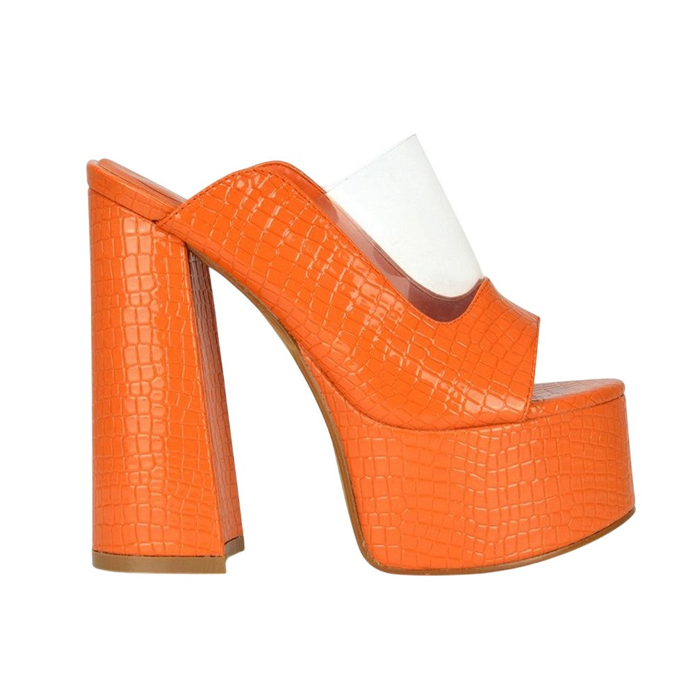 Orange - Side - XY London Womens-Ladies Saorise Patent Perspex Panel High Block Heel Mules